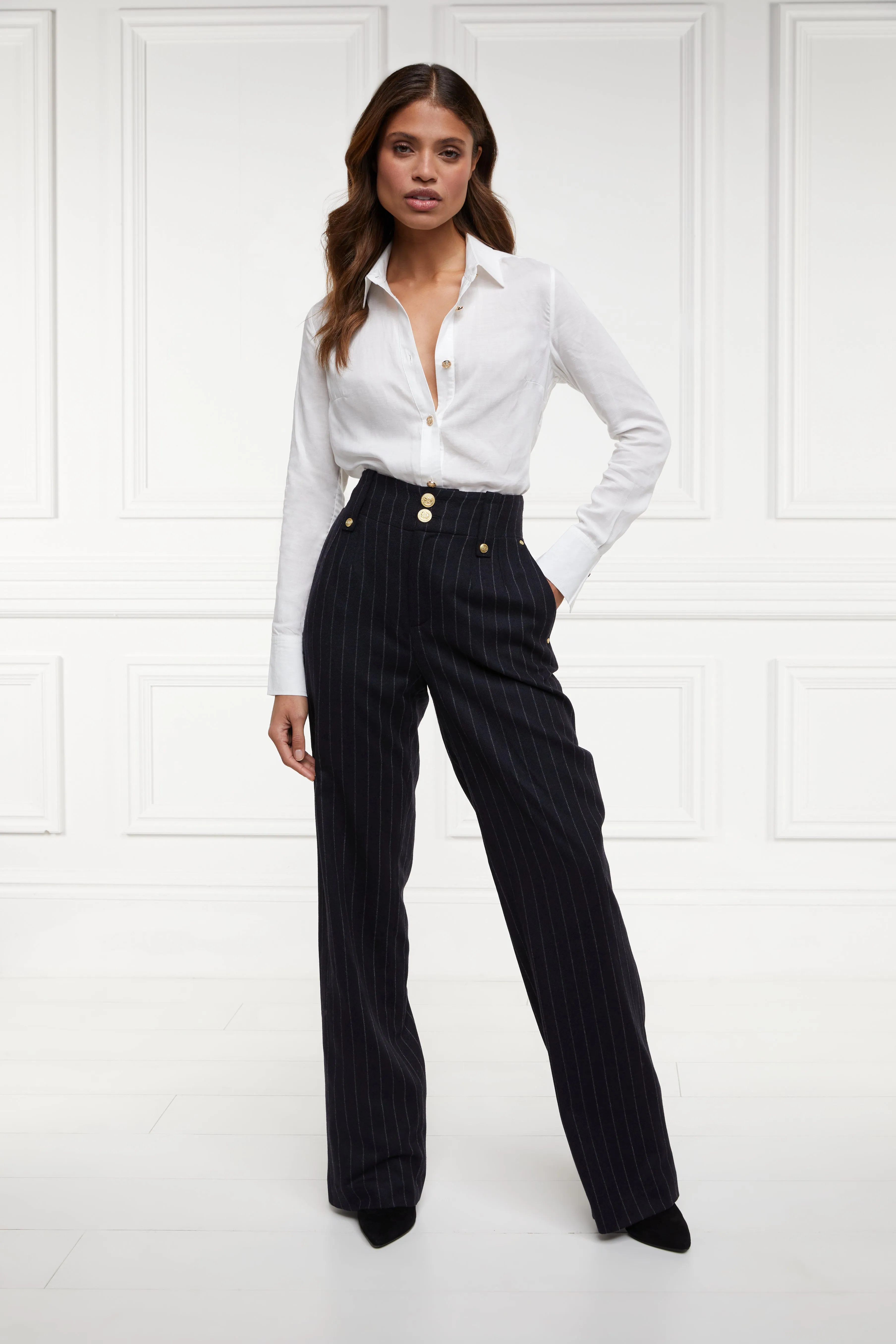 High Waisted Straight Trouser (Navy Chalk Pinstripe)