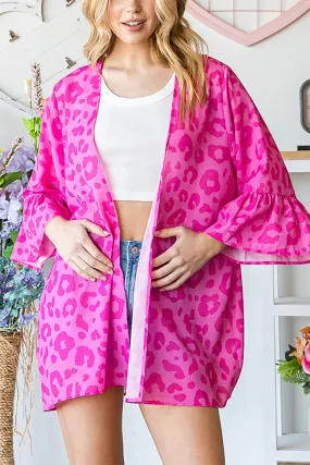 HM-EJ6101-23-FCH - RUFFLED THREE QUARTER SLEEVE ANIMAL PRINT OPEN CARDIGAN- FUCHSIA 2-2-2