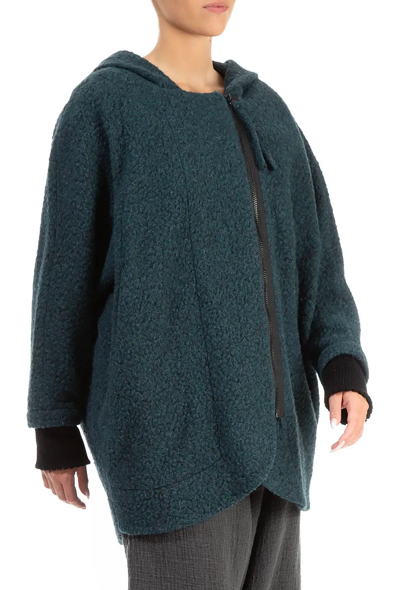 Hooded Teal Plush Wool Cotton Zip Jacket