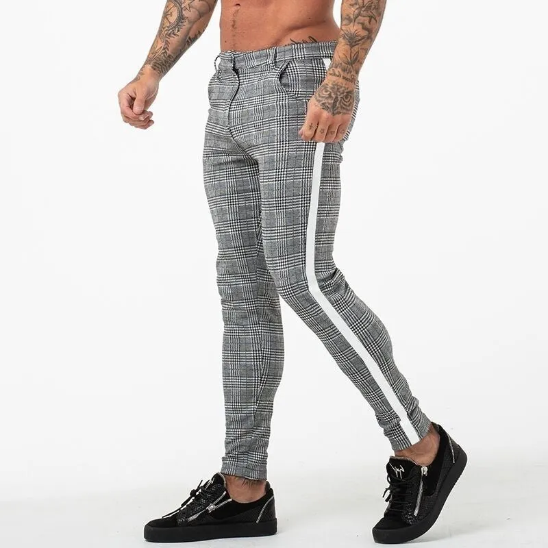 Jinquedai  Casual Mens Chinos Cotton Slim Fit Men Pants Trousers Skinny Chinos Pants Grey Ankle Length Streetwear Plaid Side Stripe Pants