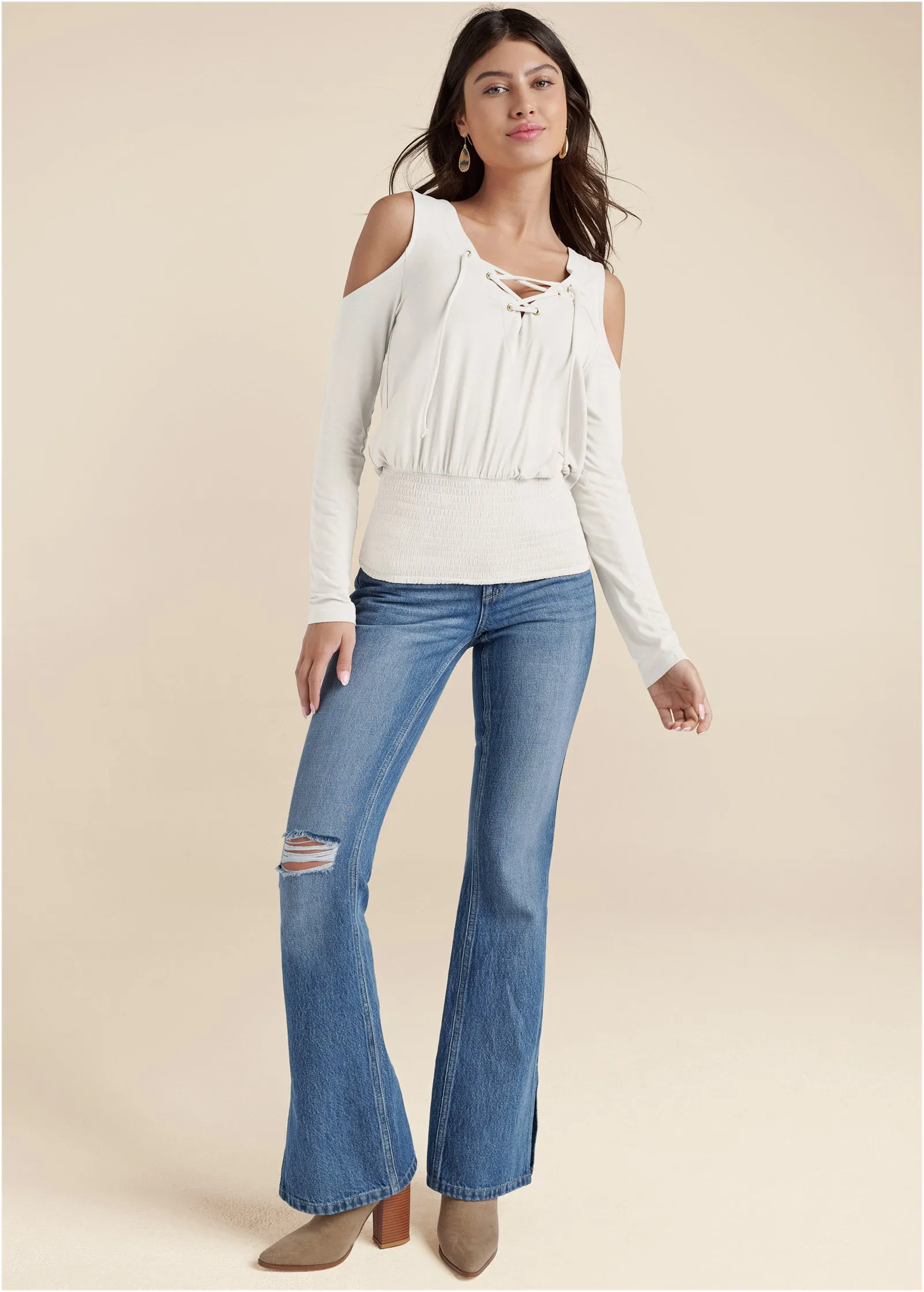 Lace-Up Cold-Shoulder Top - Off White