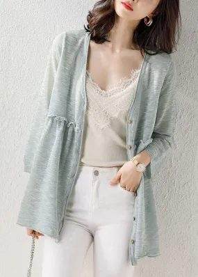 Light Green Patchwork Thin Knit Cardigan V Neck Ruffled Summer