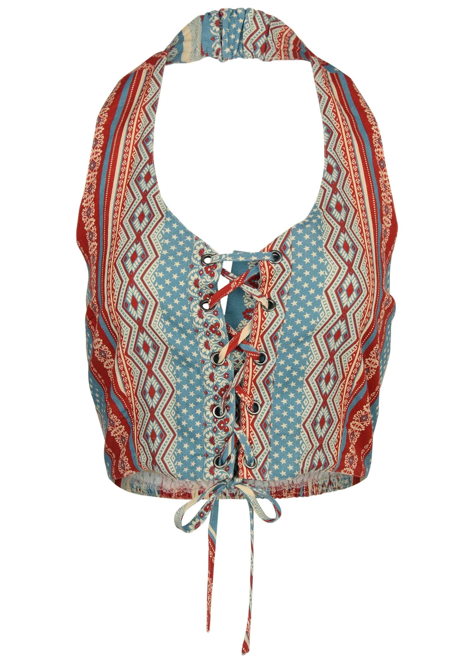 Linen Halter Lace-Up Top - Summer Americana Stripe