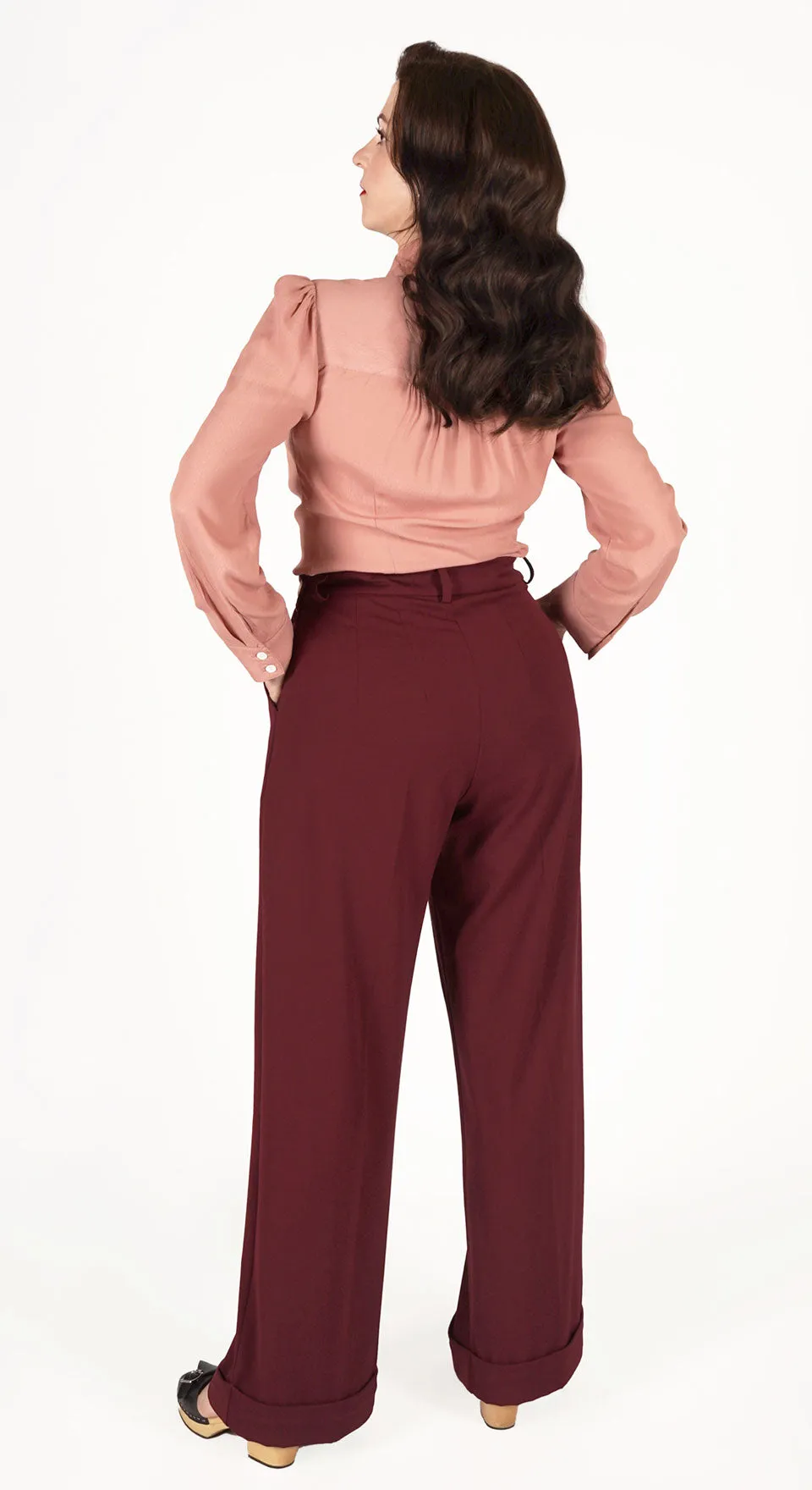 Long Tall 1930s and 40s Classic High Waist Wide Leg Trousers in Burgundy