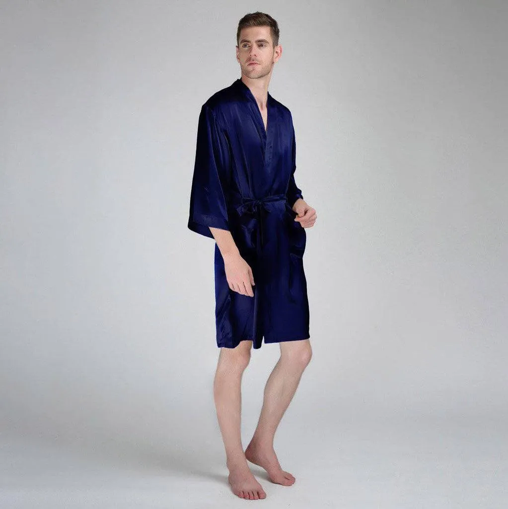 Luxury Pure Color Silk Robe For Men Long Sleeves Silk Bathrobe Silk Nightwear