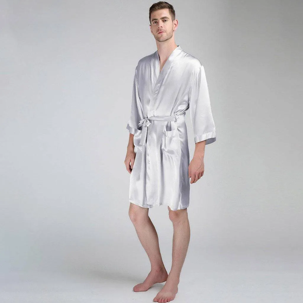 Luxury Pure Color Silk Robe For Men Long Sleeves Silk Bathrobe Silk Nightwear