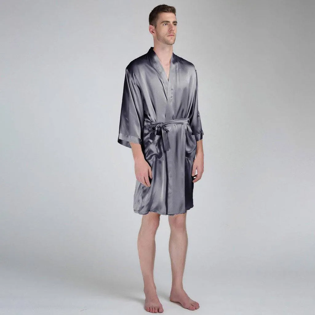 Luxury Pure Color Silk Robe For Men Long Sleeves Silk Bathrobe Silk Nightwear