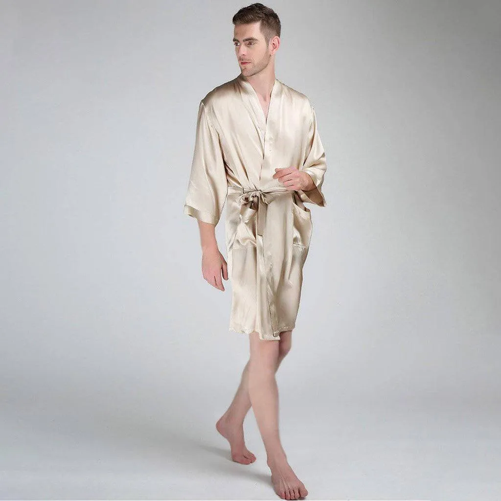 Luxury Pure Color Silk Robe For Men Long Sleeves Silk Bathrobe Silk Nightwear