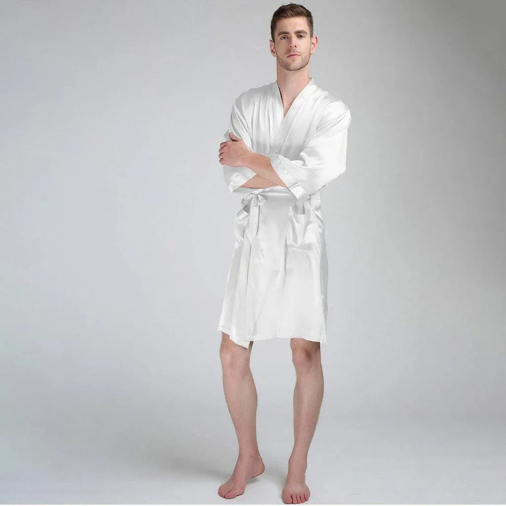 Luxury Pure Color Silk Robe For Men Long Sleeves Silk Bathrobe Silk Nightwear