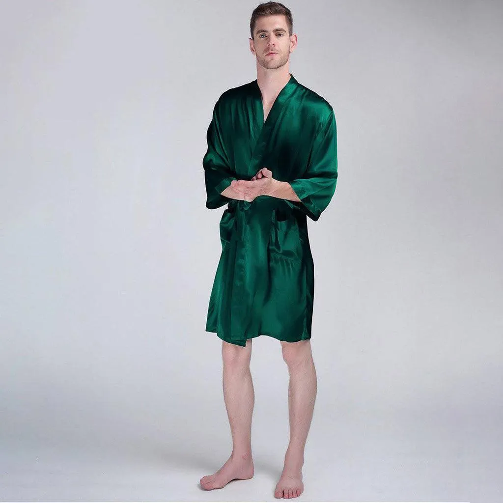 Luxury Pure Color Silk Robe For Men Long Sleeves Silk Bathrobe Silk Nightwear