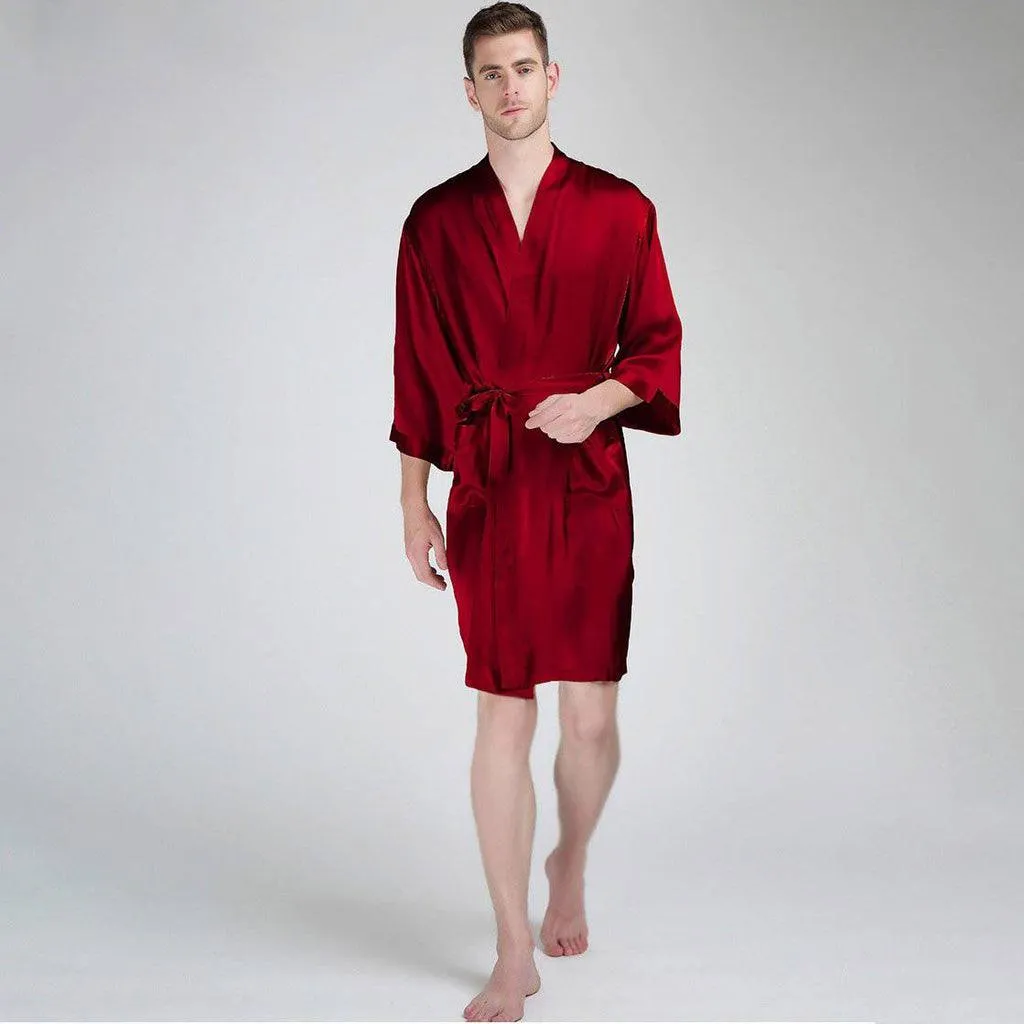 Luxury Pure Color Silk Robe For Men Long Sleeves Silk Bathrobe Silk Nightwear