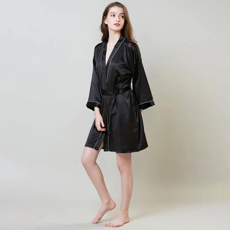 Luxury Sexy Womens Silk Robe 100% Mulberry Silk Bathrobe Silk Nightwear With White Piping