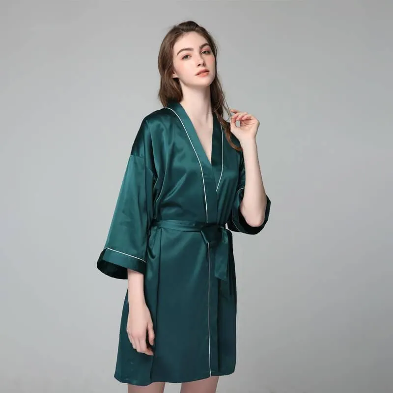 Luxury Sexy Womens Silk Robe 100% Mulberry Silk Bathrobe Silk Nightwear With White Piping