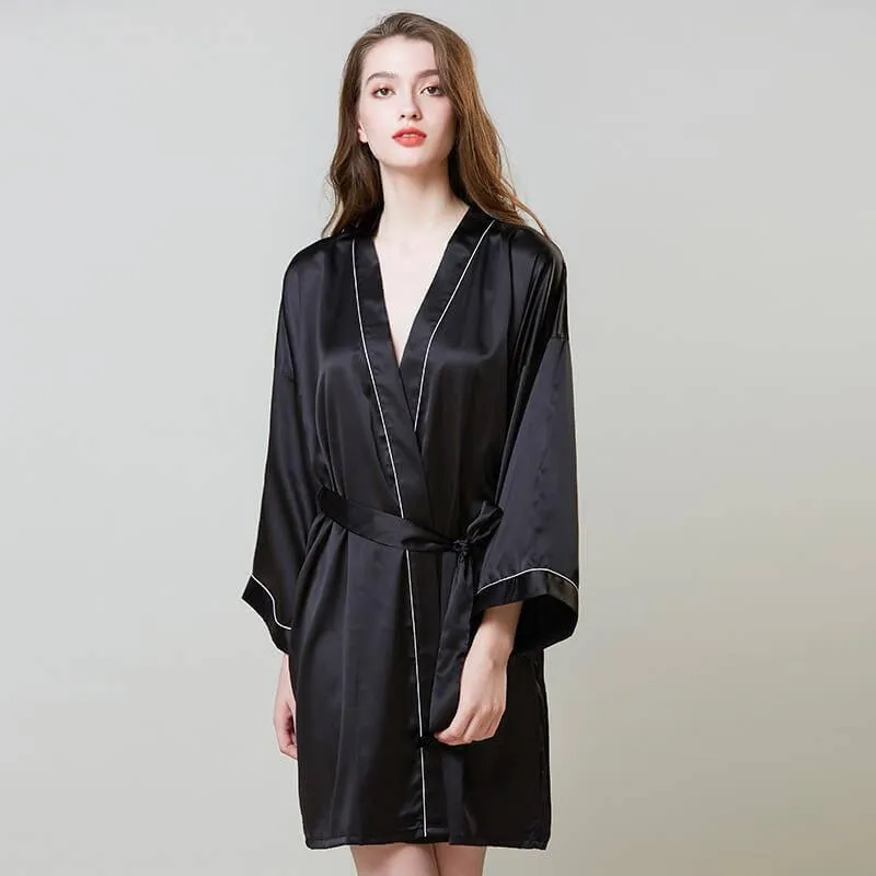 Luxury Sexy Womens Silk Robe 100% Mulberry Silk Bathrobe Silk Nightwear With White Piping