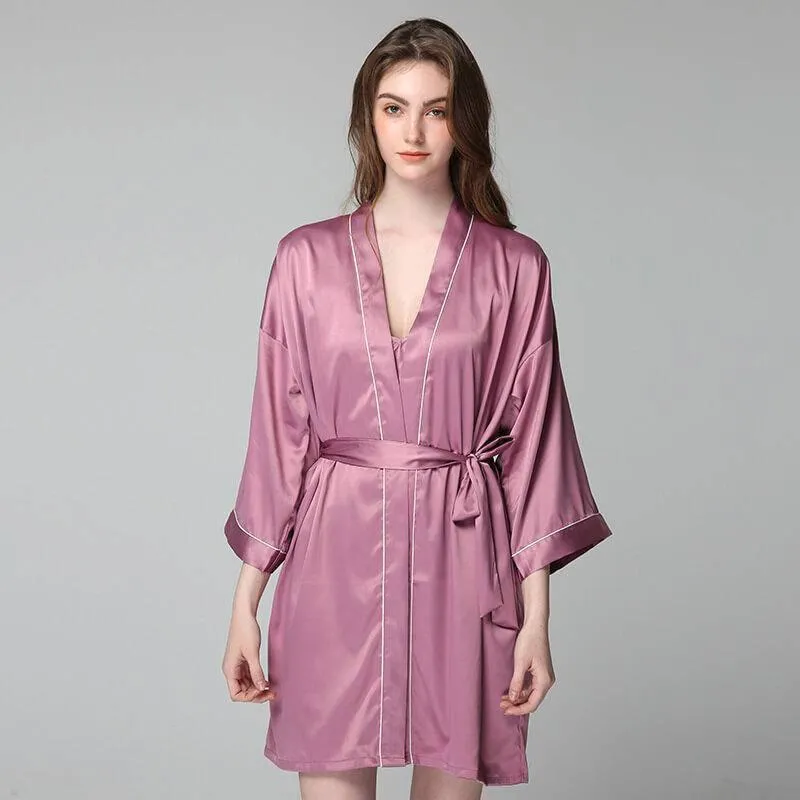 Luxury Sexy Womens Silk Robe 100% Mulberry Silk Bathrobe Silk Nightwear With White Piping