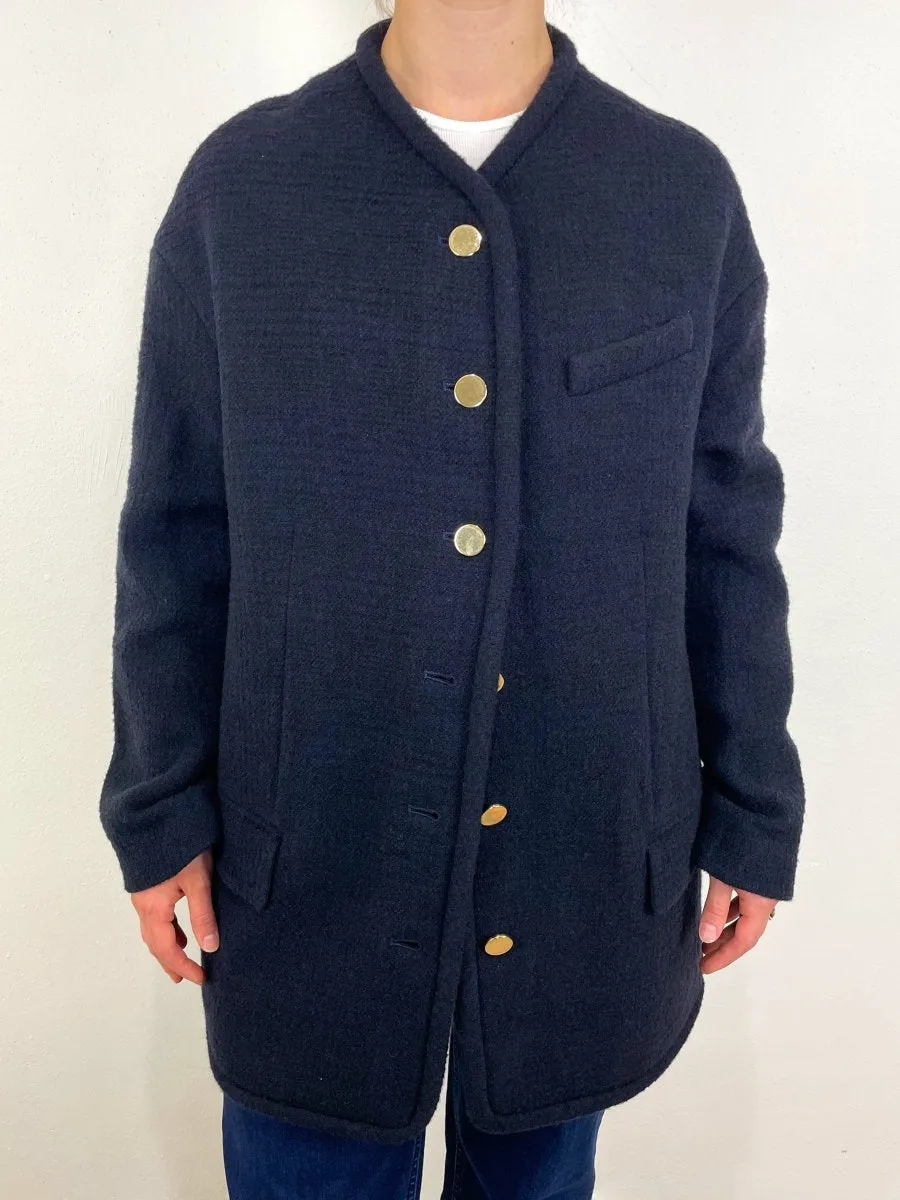 Majeur Boucle Cardigan Carcoat in Black/Navy Multi