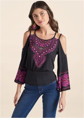 Moroccan Paisley Top - Black & Fuchsia