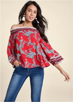 Off-The-Shoulder Paisley Print Top - Red And Blue