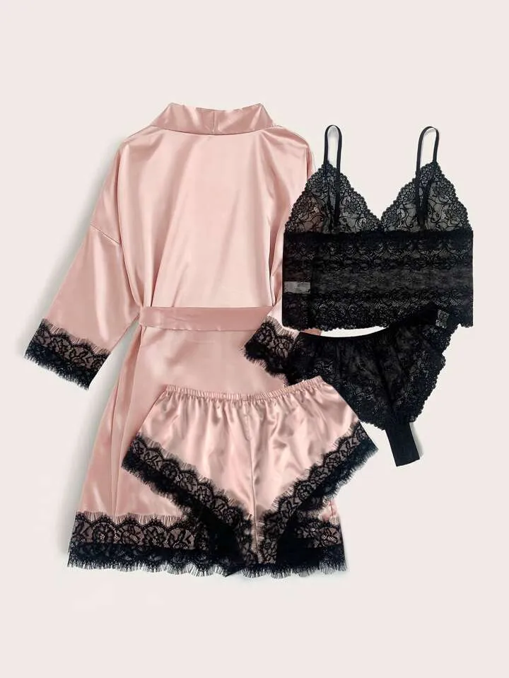 Pink Lace Lingerie Sexy Sleepwear With Silk Belted Robe