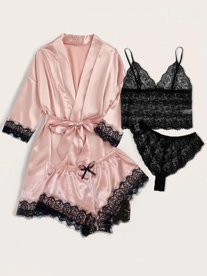 Pink Lace Lingerie Sexy Sleepwear With Silk Belted Robe