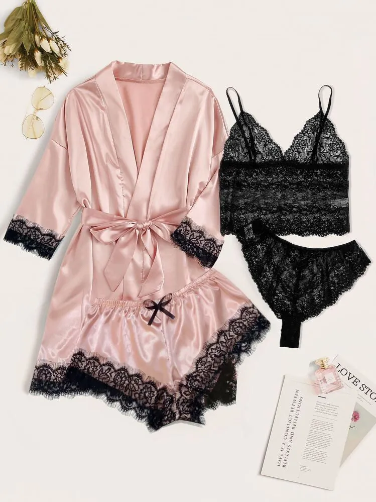 Pink Lace Lingerie Sexy Sleepwear With Silk Belted Robe