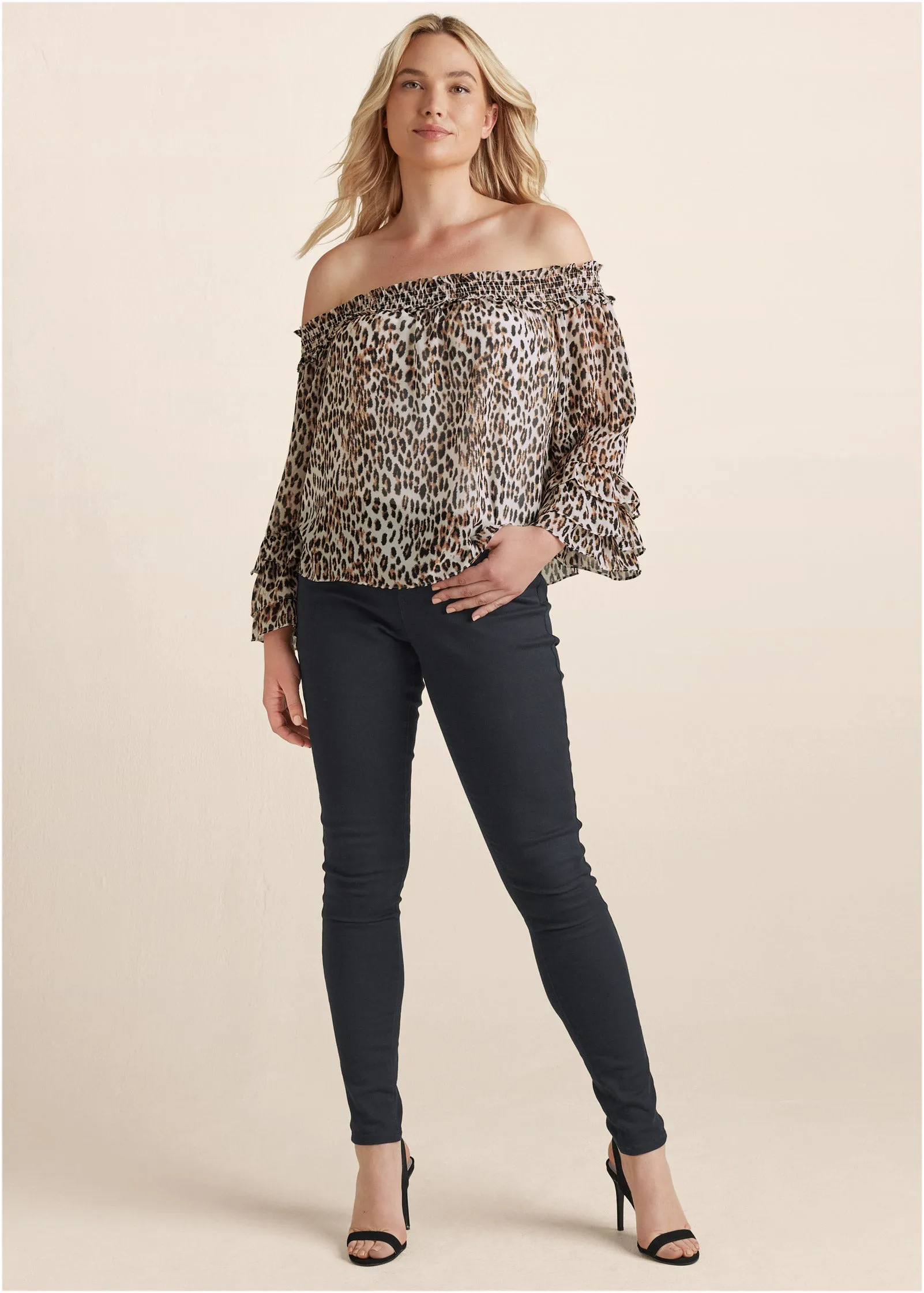 Printed Off-The-Shoulder Top - Brown & Black