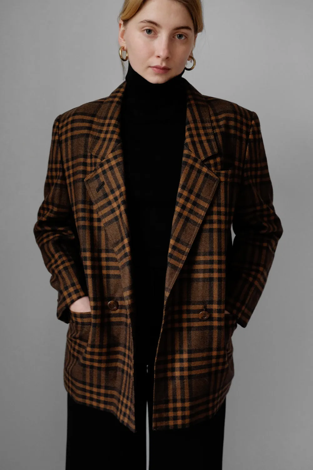 PURE WOOL TARTAN BROWN BLACK VINTAGE BLAZER