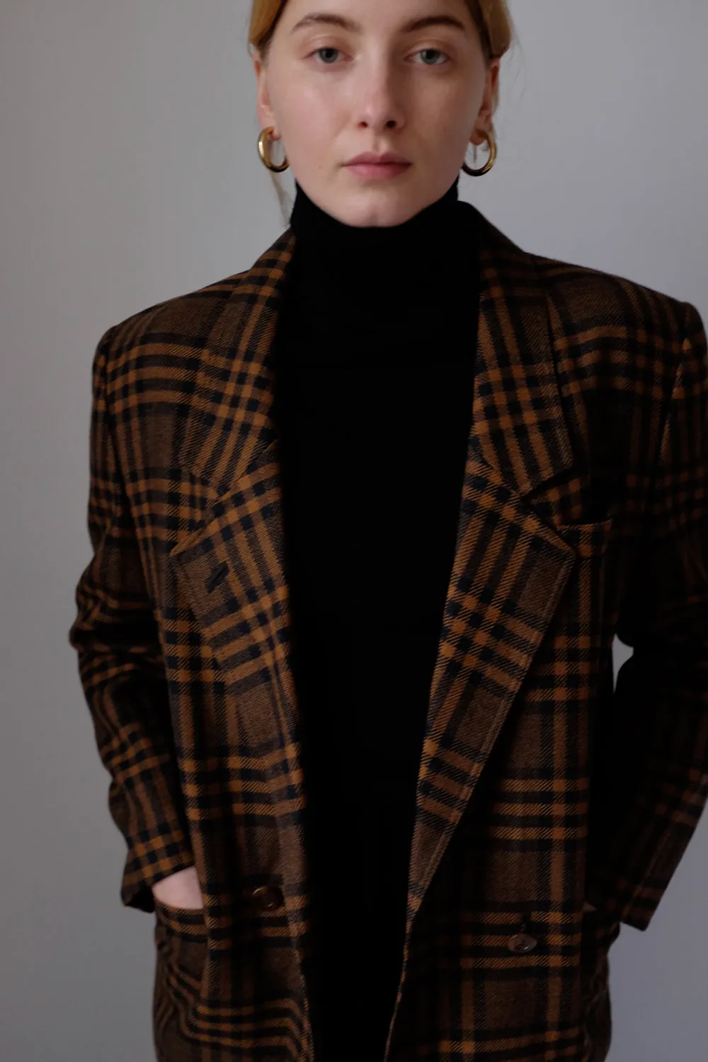 PURE WOOL TARTAN BROWN BLACK VINTAGE BLAZER