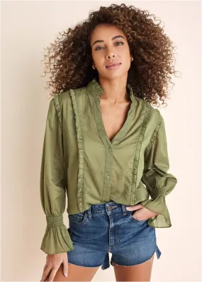 Ruffle Button-Front Top - Olive