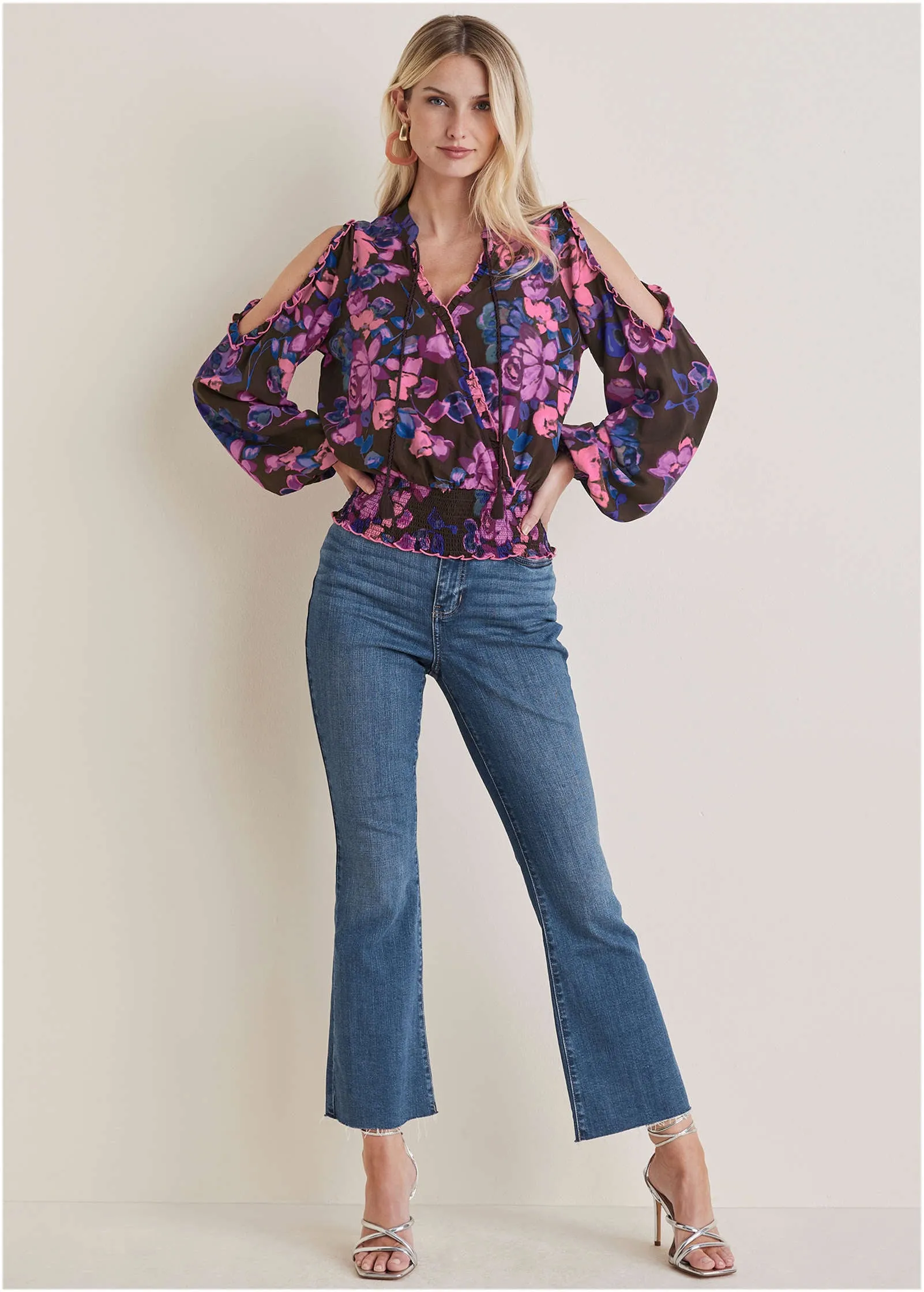 Ruffle Cold Shoulder Blouse - Electric Bouquet