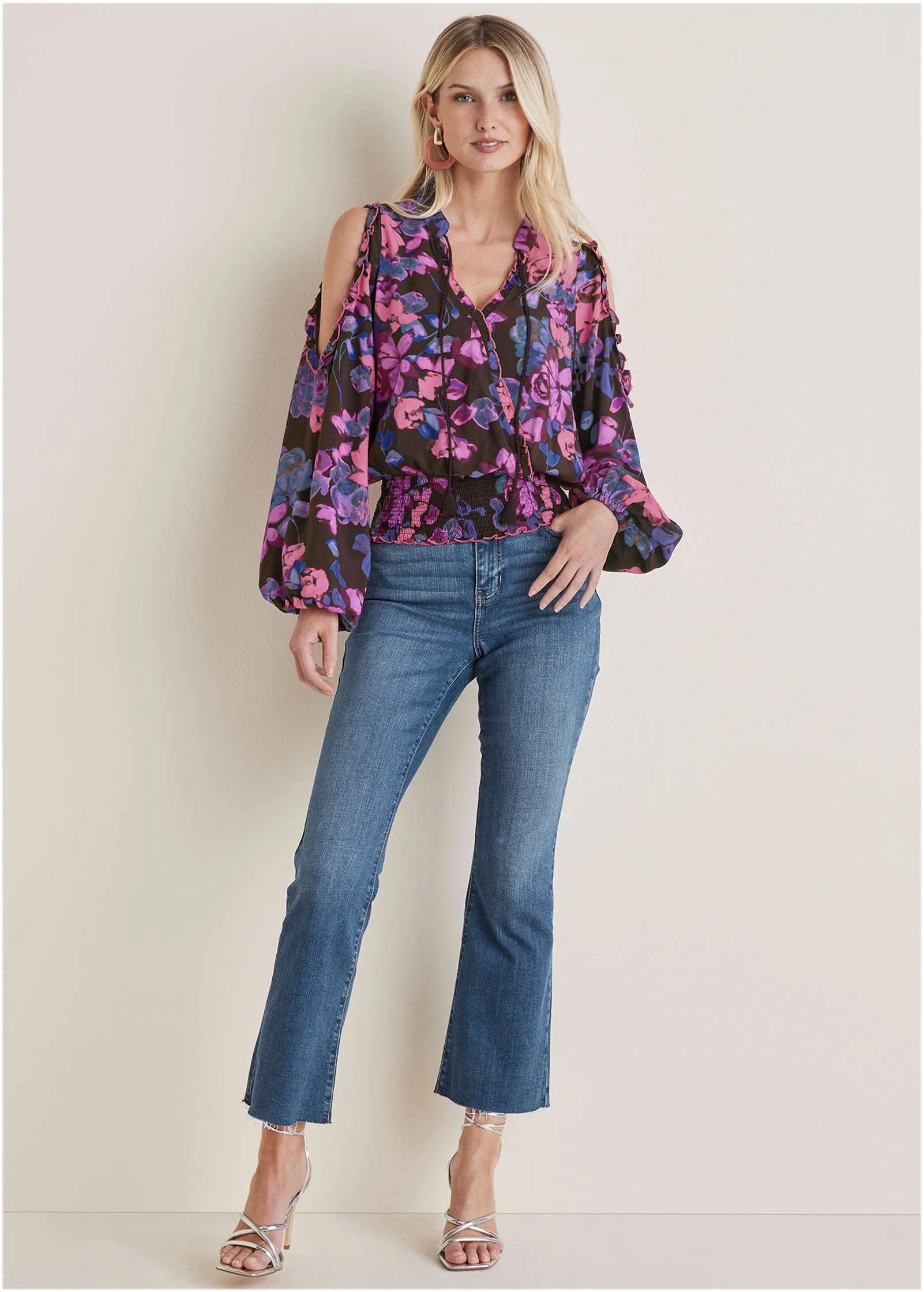 Ruffle Cold Shoulder Blouse - Electric Bouquet