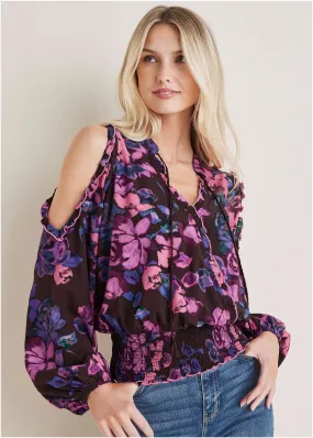 Ruffle Cold Shoulder Blouse - Electric Bouquet