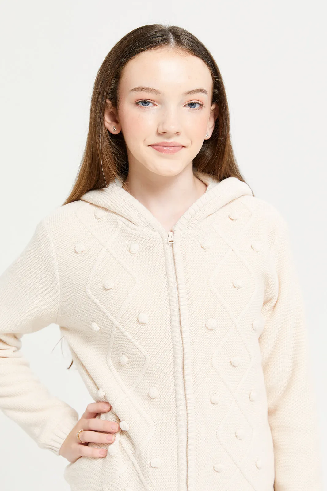 Senior Girls White Hooded Cardigan With Sherpa Lining