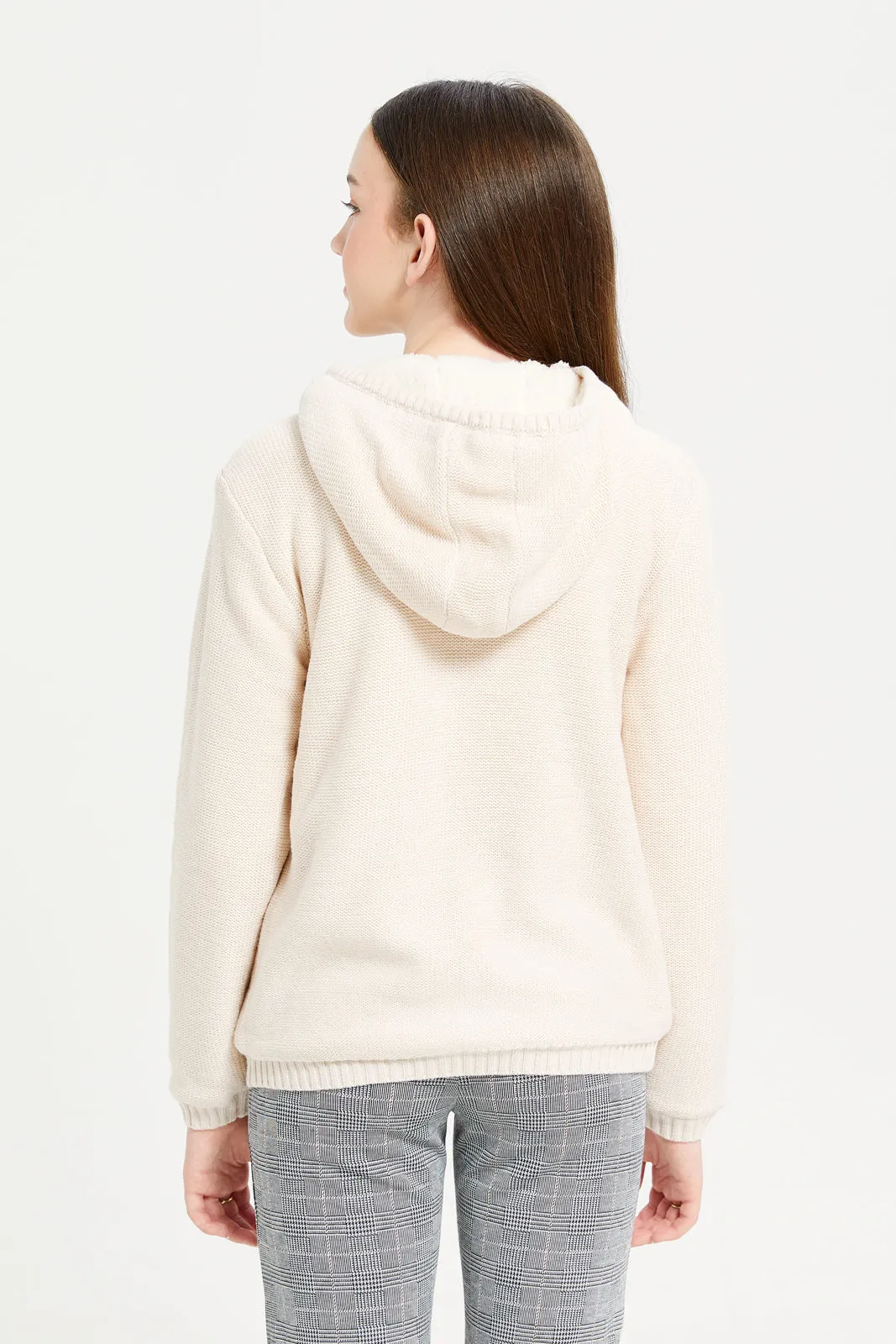 Senior Girls White Hooded Cardigan With Sherpa Lining