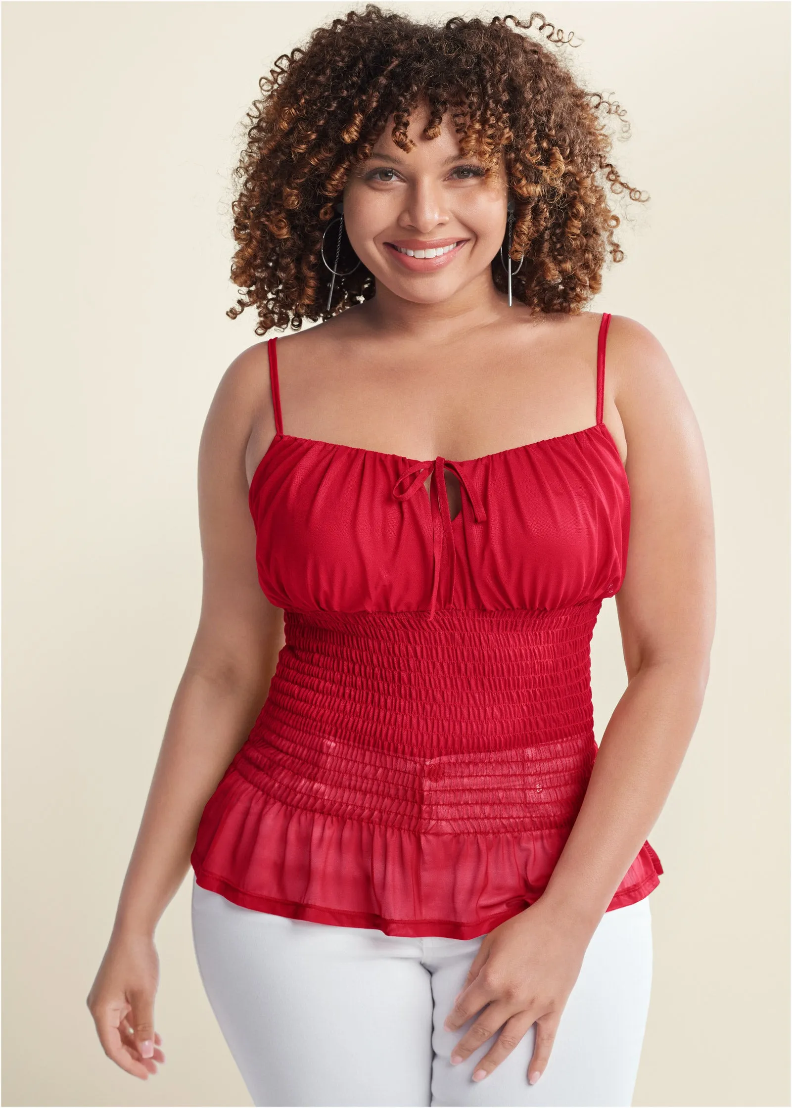 Smocked Mesh Top - Red