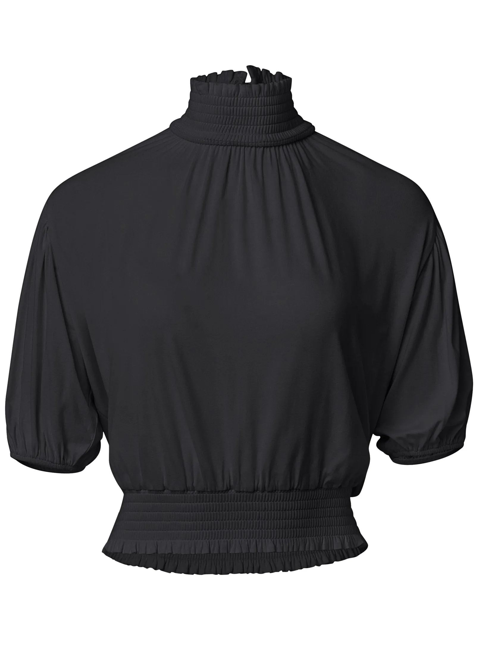 Smocked Mock-Neck Crop Top - Black