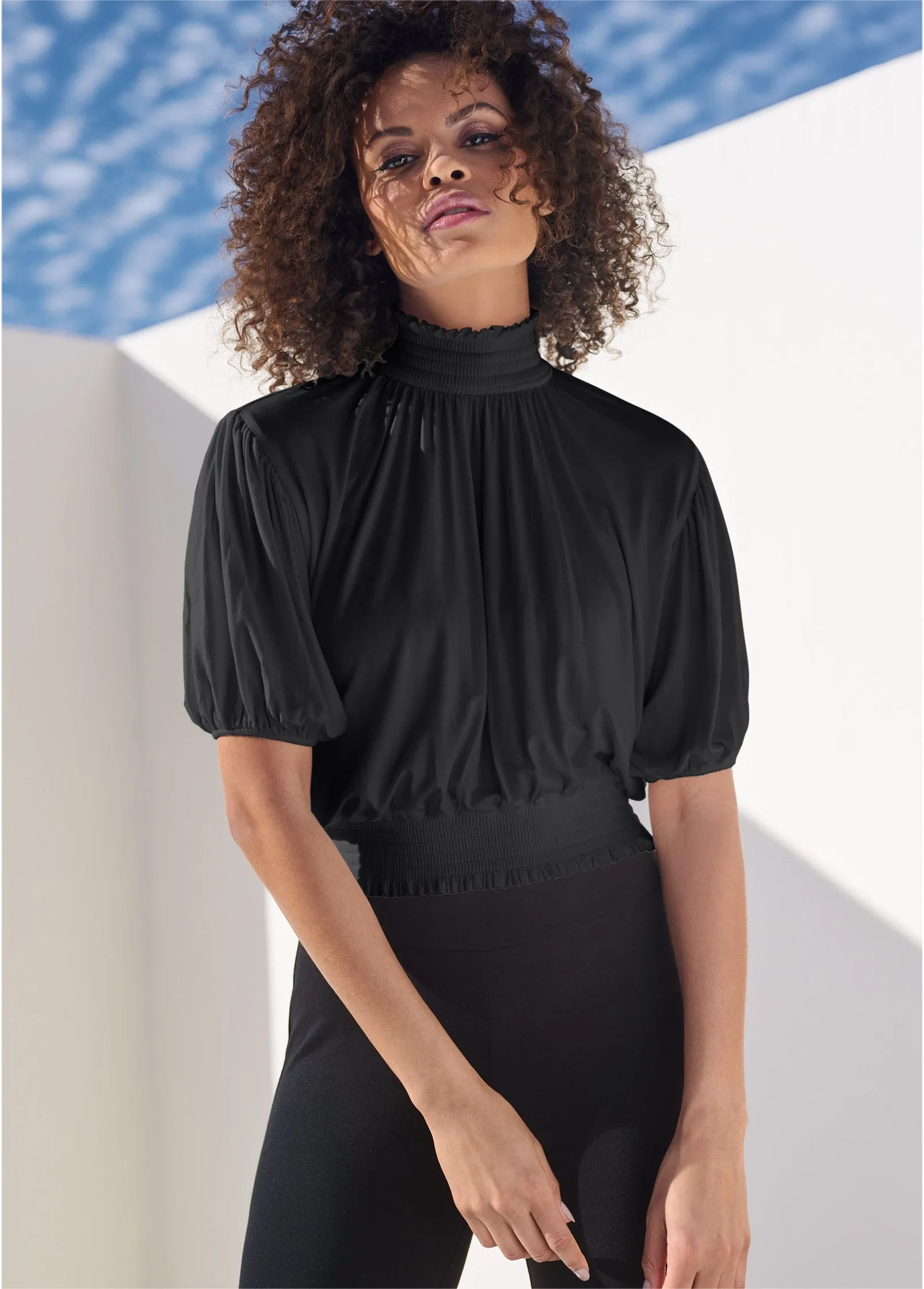 Smocked Mock-Neck Crop Top - Black