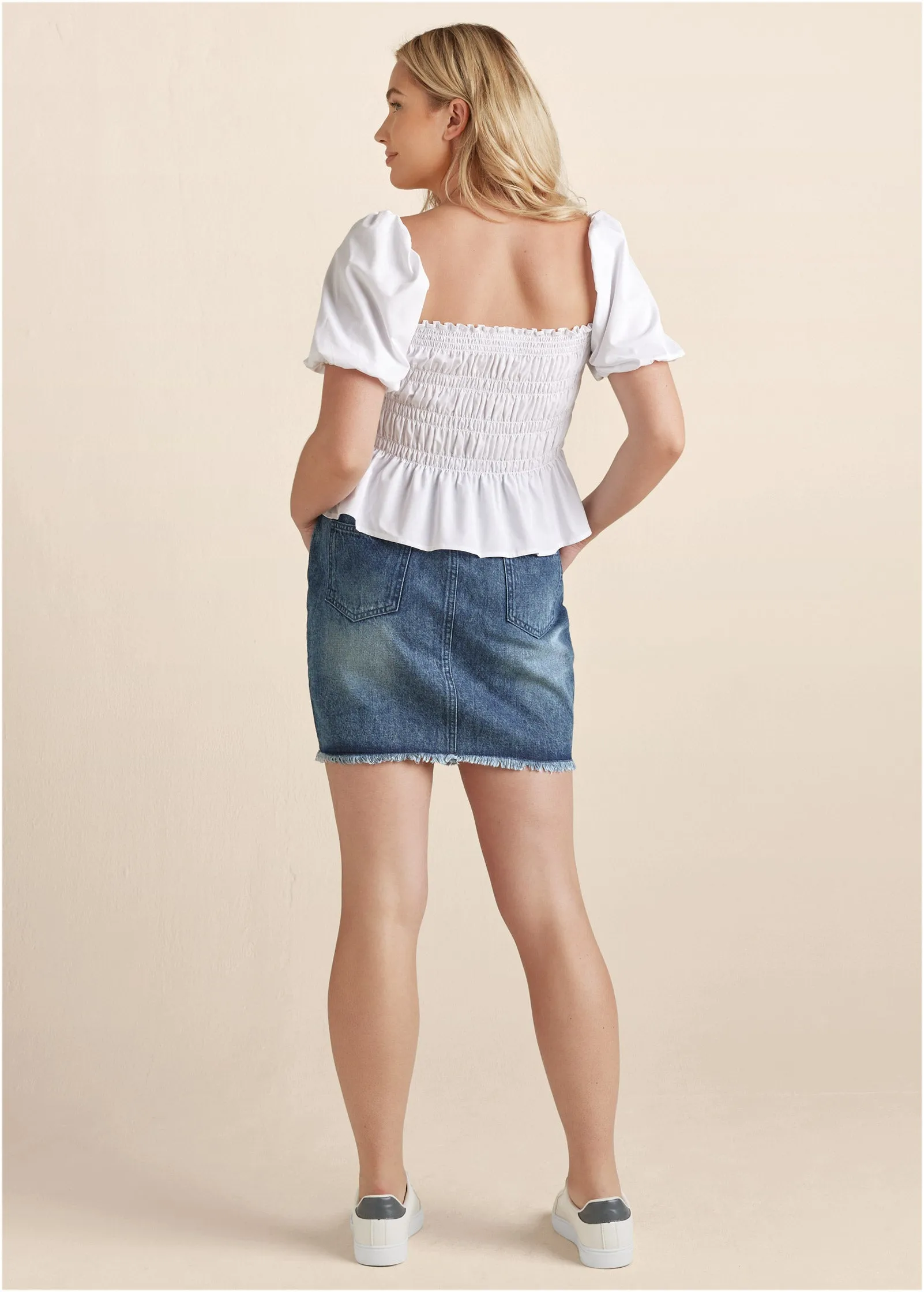 Smocked Puff Sleeve Top - White