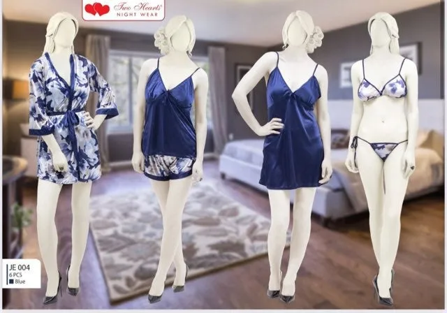 Two Hearts 6 Pcs Silk Nighty Set - JE-004