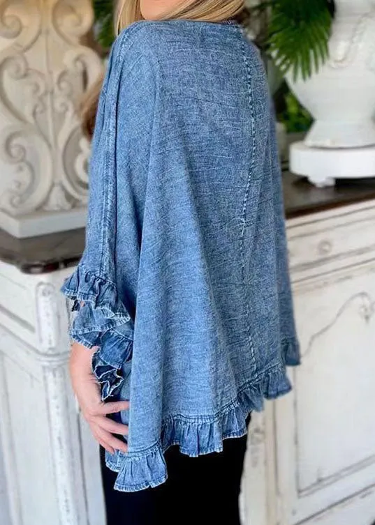 Unique Blue Ruffled Patchwork Denim Cardigans Coat Summer