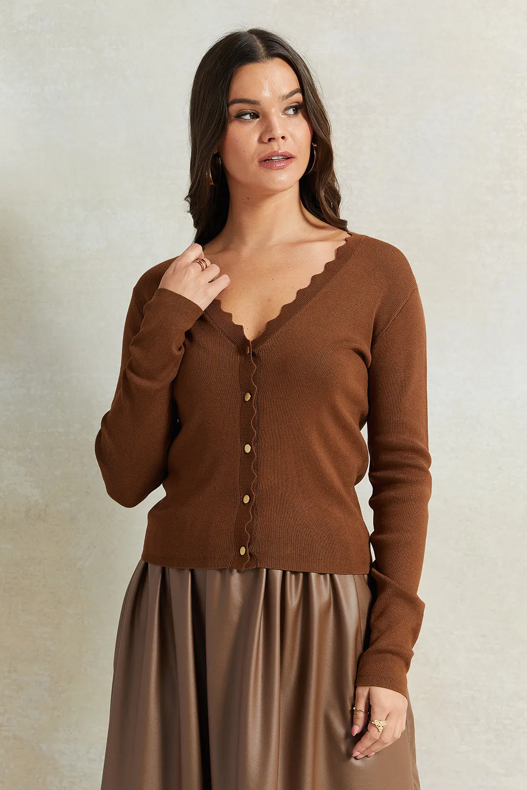 Women Brown Buttoned Cardigan