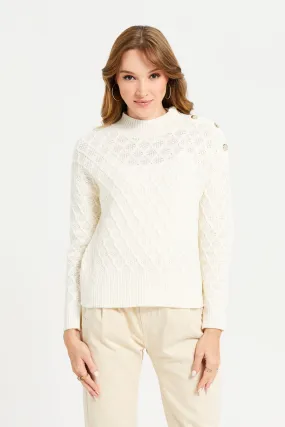 Women Ivory Embellished Cable Knit Pullover