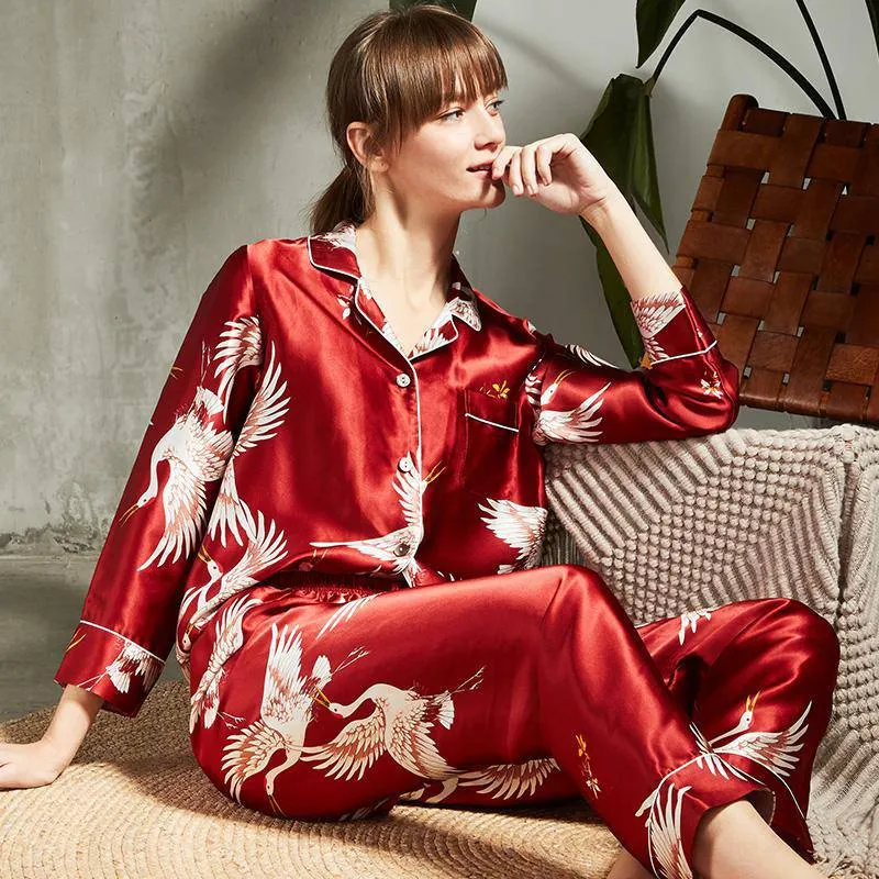 Women's 100% Silk Pajama Set Printed Luxury Sleepwear PJS Two-Piece Silk Sleepwear Set