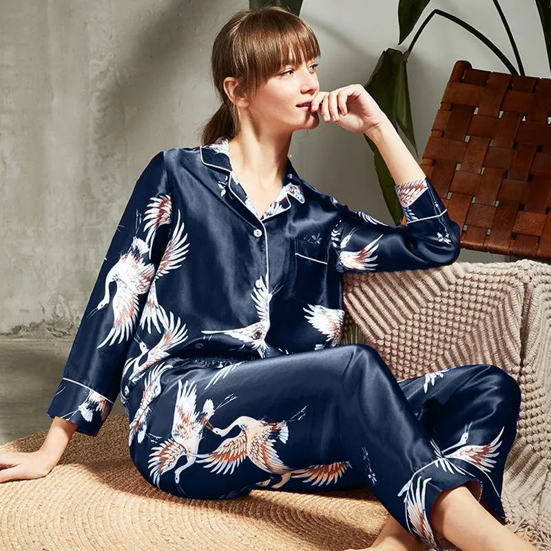 Women's 100% Silk Pajama Set Printed Luxury Sleepwear PJS Two-Piece Silk Sleepwear Set