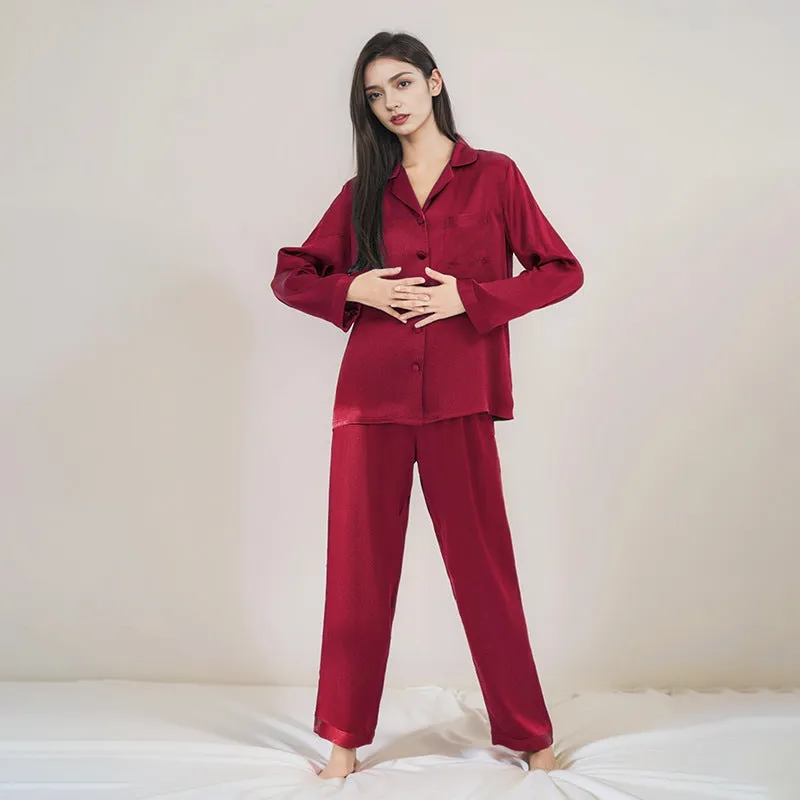 Womens Pure Silk  Pyjamas Long Sleeves Silk Sleepwear Set